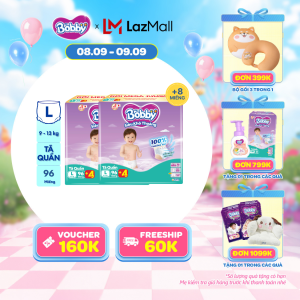 [QUÀ MỚI] [0H 15.9 - 17.9][TẶNG MIẾNG NGẪU NHIÊN] Combo 2 Tã/bỉm quần Bobby 3mm Mega Jumbo Siêu khô thoáng L96