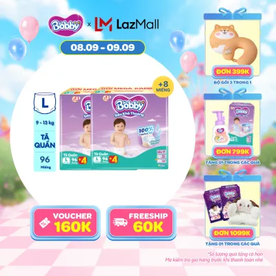[20h 8-11.9 QUÀ TO][TẶNG MIẾNG NGẪU NHIÊN] Combo 2 Tã/bỉm quần Bobby 3mm Mega Jumbo Siêu khô thoáng L96