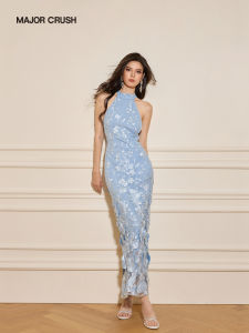 French Floral Lace Halter Slim Fitting Dress