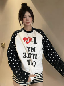 XIANGBAIWEI | American Colorblock Polka Dot Cat Printed Loose Fit Slimming T-Shirt