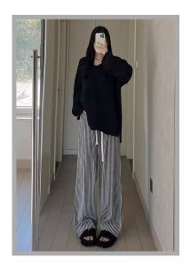 Plus Size Chubby Girl Loose Pants Womens Fall and Winter New Arrival Thickened Loose Drooping Casual Pants Retro Black and White Striped Pants 300