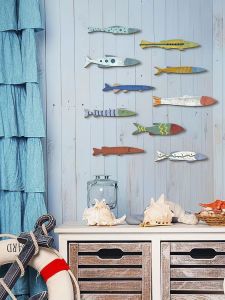 10Pcs Rustic Wooden Fish Wall Decor Set Coastal Nautical Fish Wall Art