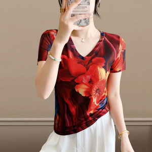 Yimei 2025 hợp thời trang mới lưới áo in hình giày mùa hè Kiểu Có Nơ buộc nhuộm T-Shirt co giãn ôm gọn tay ngắn của mẹ Áo sơ mi