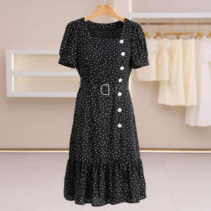 Belted Square Collar Polka Dot Short Sleeve Dress
