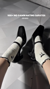 SHUTA Womens Fashionable Black Shoes Korean Style Trendy Square Toe 5CM High Heel Waterproof Rubber Non-Slip Student Shoes for Perfect Fit with Buckle 0100523