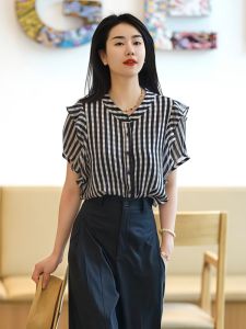 Elegant Plaid Short Sleeve Shirt Womens Thin Style French Lace Summer Fashionable Top Korean Loose Fit V-Neck Button Detail