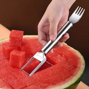 2-in-1 Stainless Steel Fruit Cutter Dual Head Watermelon Fork Cutter Slicer Tool for Home Kitchen Gadget Melon Cube Cutter