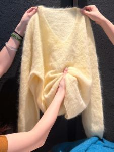 YUFUQING | Loose V-neck Knitted Sweater Womens Style Autumn Fashionable Versatile Loose Feeling Comfortable Yellow Color Commute Style