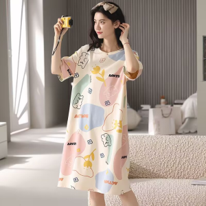 Summer Short Sleeve One-Piece Padded Bra Womens Sleepwear Dressable Home Clothes Sweet Style round Neck Print Youth Suitable
