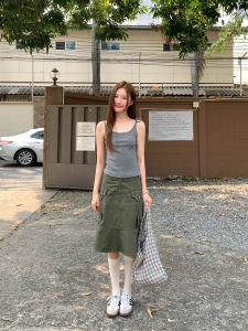 Ruffled Trim Straight Hem Mid-length Denim Skirt