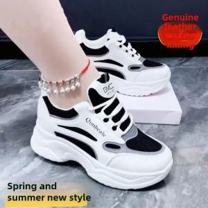 Casual Mom Shoes Thick Bottom High Top Sneakers Womens Summer New Style Net Surface Leather Inner Heightening Shoes