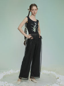Original National Style Tail Harrier Record Double Layer Wide Leg Pants Summer New Casual Black Mesh Embroidery Casual Pants