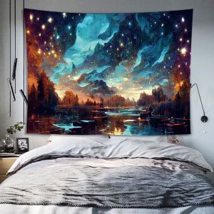 VIKAMA Bầu Trời Đầy Sao Trăng Tròn Mây Biển HD Polyester Chống Mài Mòn Tấm Thảm Nghệ Thuật Treo Tường Cho Phòng Khách Trang Trí Phòng Ngủ