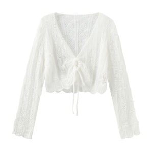Lace Hollow Knit Tie Floral V-Neck Summer Cardigan