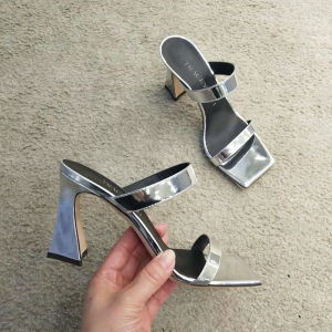 Silver Half Slippers Womens High Heels Sandals Square Head Toe Exposure Clogs Summer New Style Simple Design Thick Heel
