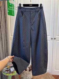 Deep Blue Washed Cotton Polka Dot Wide Leg Pants Womens Casual High Waist Loose Nine Points Summer New Style Casual West Pants