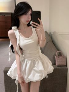 GUZILIAN | French Ballet Style Strapless Dress Women Summer Slim Fit Vest White Flower Bud Skirt Small Size Puffy Short Skirts