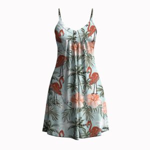 Jumeast Flamingo Pattern Women Fashion Button Sling Dress Hibiscus Flower 3D Printed Beach Elegant Skirt Tropical Style Hawaiian Casual Clothing