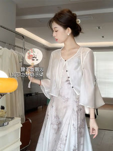 เสื้อคลุมกันแดดผ้าชีฟองแขนสั้นสำหรับผู้หญิง ฤดูร้อน 2024 ทรงหลวม สไตล์ใหม่ เสื้อคาร์ดิแกนเปิดไหล่ ปกเล็ก กระดุม ใส่กับกระโปรง