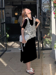 Black Lace Hollow out T-Shirt Dress Womens Summer New Casual Slimming Sweet Two-Piece Set Dress Korean Style Commute