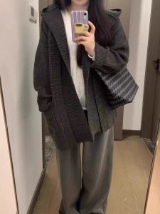 Áo Khoác Len Dài Tay Rộng Rãi Có Mũ Trùm Đầu Cho Nữ Mùa Thu Đông Thường Ngày Che Bụng Giảm Béo Áo Len Cardigan Hở