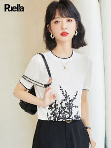 puella | Summer Korean Style Embroidered Slim Fit Short Sleeve Knit T-Shirt