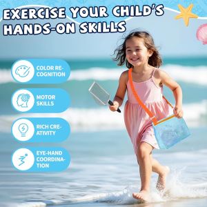 Beach Mesh Shovel with Mesh Beach Bag for Shell Collecting Kids Filter Sand Scooper for Picking Up Shells Summer Beach Toys For Boys and Girls