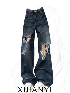 Quần Jeans Denim Ống Rộng Lỗ Rách Phong Cách Đường Phố Xuân Hè Cỡ Lớn Quần Dài Thường Ngày Cho Nữ Quần Jeans Denim