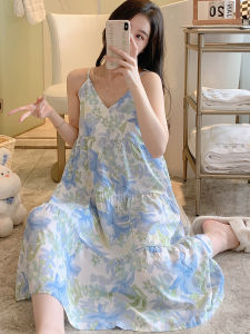 Summer 2023 New Womens Sleepwear: Cotton Silk Strapless V-Neck Long Dress with Plant Florals Print for Youth