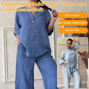 Solid Color Cotton and Linen Casual Suit Vintage Round-Neck Top Wide Leg Pants Two-piece 棉麻上衣阔腿裤两件套
