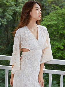 เซ็กซี่ ยาว ลูกไม้ เดรส งานแต่งงานริมชายหาด ชุดราตรี แม่บ้าน เดรส เสื้อคลุมเช้าสไตล์ญี่ปุ่นสําหรับผู้หญิง คอวี เอวสูง กระโปรงทรงเอ