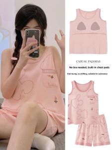 Miiow | Pure Cotton Sleepwear Set For Women Summer 2024 New Casual Cute Vest Home Clothes With Chest Pad Loose Fit Short Pants