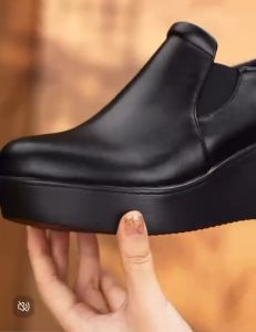 Lady uniform purpose black pu wedge shoes with no shoe lace
