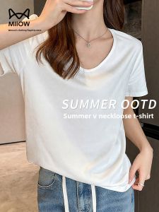 MiiOW | Slim Fit White Short Sleeve T-Shirt Womens Summer New Style Base Layer Top Large Size Shoulder Width Regular Length V-Neck