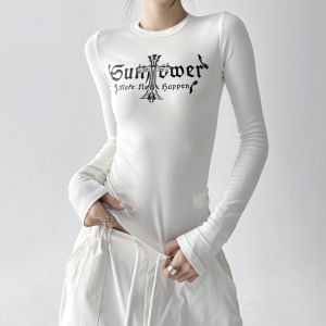 MUYUZI | Round Neck Long Sleeve Womens T-shirt Simplified Stylish Patterned
