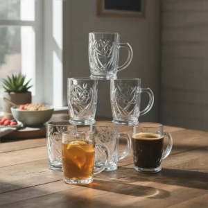 Set 4 Ly Thủy Tinh Có Quai Khắc Hoa Hồng INDO 410ml – Ly Uống Cà Phê Trà Nóng Trà Sữa Nước Ép Sang Trọng