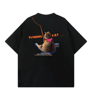 Summer Heavyweight Non-Lightweight 240g Cartoon Cat Fishing Print Pure Cotton Short Sleeve Mens T-Shirt White Versatile Half Sleeve