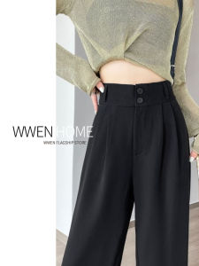 Black Fleece Lined Slim Fit Wide Leg Suit Pants for Women High Waist Casual Floor Length Trousers Korean Style Commute Wear