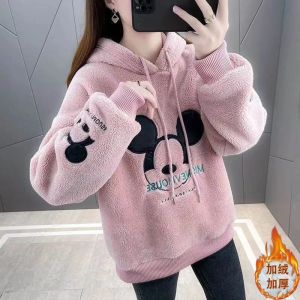 Lamb Fur Particle Fleece Hooded Thickened Sweatshirt Womens Autumn Winter New Loose One-Piece Embroidered Jacket Trendy