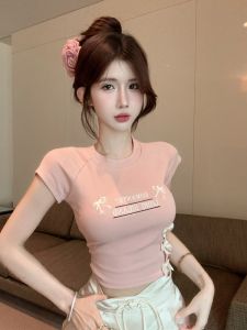 GUZILIAN | Sweet Butterfly Knot Short Sleeve T-Shirt Womens Slimming Embroidered Bodycon Summer Hot Girl Show Figure Korean Style Top