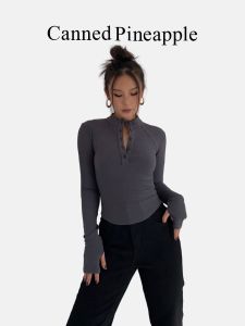 เสื้อยืดคอกลมแขนยาวเอวสูงสไตล์ยูเกียร์แบบฝรั่งเศส เซ็กซี่ กระดุม แขนยาว ทรงยูเกียร์ เสื้อชั้นในสำหรับผู้หญิง ผ้าไนลอน 95%