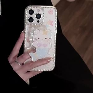 Ốp Lưng Điện Thoại Nàng Tiên Cá và Mèo KT Dễ Thương Có Đính Đá và Giá Đỡ Cho iPhone 16 Pro Max 15 14 13 12 11 X XR 8 7 Plus Phong Cách Mùa Hè