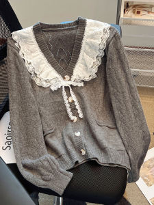Spring New Design Lace Splicing V-neck Long Sleeve Knitted Open Cardigan Womens Casual Style Korean Version Silk Top