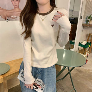 Korean Style round Neck Long Sleeve T-Shirt Womens Autumn Winter Slim Fit Contrast Color Embroidery Base Shirt Inner Wear