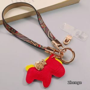 ZHENGEGE | Short Style Fortune Bag Little Horse Pendant Chinese Chic Pattern Leather Wristband Phone Carrying Strap Anti-Lost Theft-Proof Dual Buckle Chain