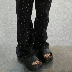 Quần Jeans Denim Ống Rộng in Hoa Màu Đen Cạp Cao Cho Nữ Quần Ống Rộng Thẳng Thiết Kế Sensation Little Crowd Quần Dài