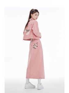 Forever 21 สีชมพู เดนิม ชุด ลำลอง ผู้หญิง สูง เอว ลายดอกไม้ งานปัก เสื้อแจ็คเก็ต ความยาวปานกลาง กระโปรงทรงเอ สองชิ้น ชุดสูท