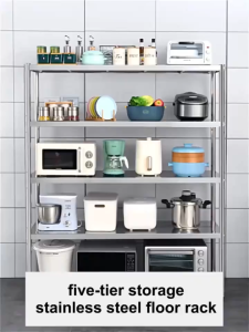 NINI 5 Tier Stainless Steel Storage Rack Kitchen Shelf Rak Dapur With Wheel Multi-layer Organizer Microwave Oven Rack 置物架(Silver)