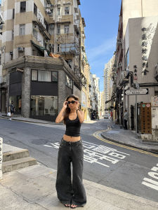 Handcrafted Wax Brushing Multi-Layer Waist Casual High Waist Wide Leg Pants Four Seasons Universal Zipper Style Jeans