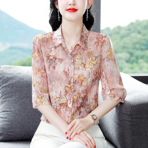 Hangzhou Famous Silk Shirt Womens Half Sleeve Floral Shirt Three-Quarter Sleeve Classy Mothers Wear Elegant Mulberry Silk Top